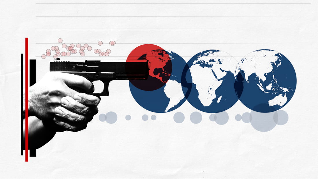 An image that depicts a person holding a gun. Three angles of the world are shown next to it with a red circle over the United States. This depicts gun violence as a serious issue in the United States.