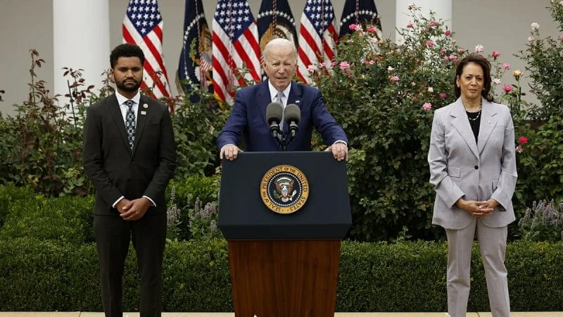 President Joe Biden announced the Office of Gun Violence Prevention in September 2023, alongside Florida Congressman Maxwell Frost and Vice President Kamala Harris.