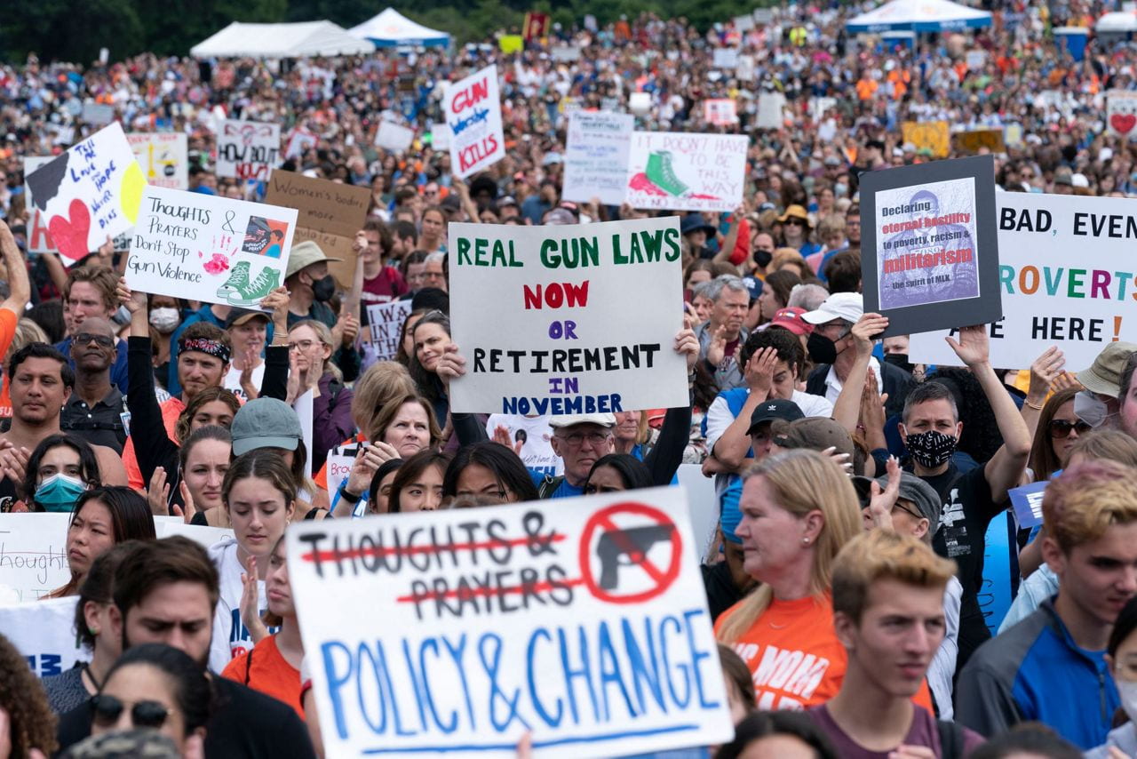 A group of demonstrators at a March for Our Lives rally advocating for gun reform in June 2022. 