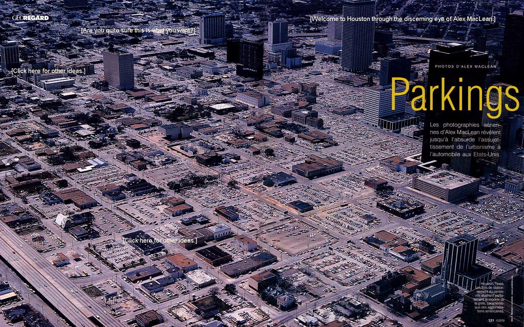 An aerial view of downtown Houston shows that most of the space is used for parking than for buildings.
