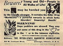 This is a 'warning card' to be placed in public places like trains and buses made by the Inter-state Narcotic Association, displaying severe effects of marijuana use on the US population.