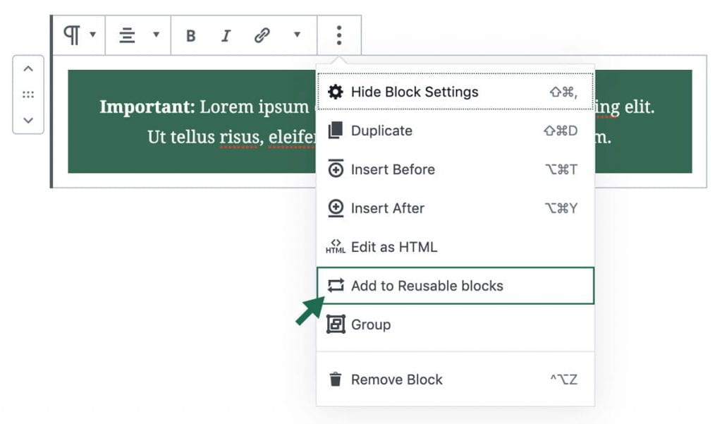 screenshot of how to add block to reusable blocks