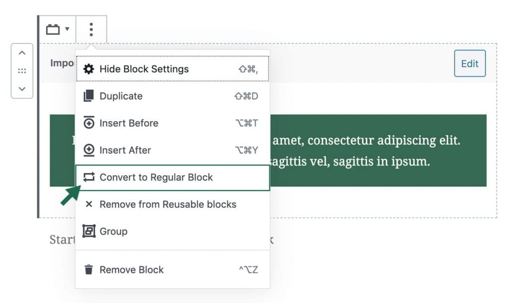 screenshot of how to convert reusable block to a regular block
