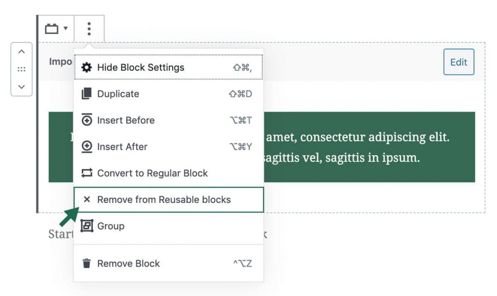 screenshot of how to remove reusable block from all pages