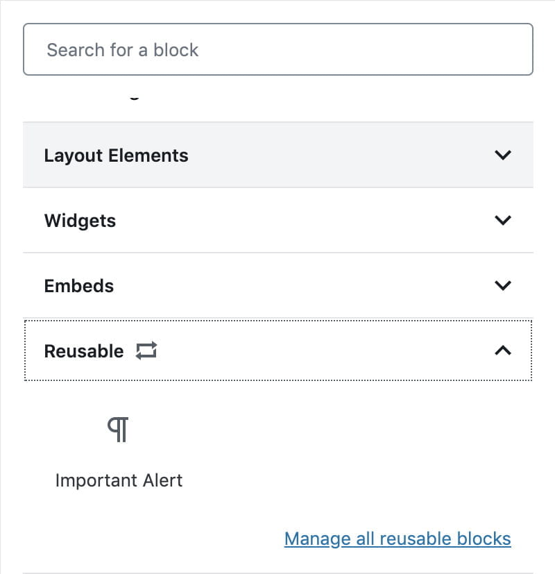 screenshot of the reusable blocks section of blocks menu