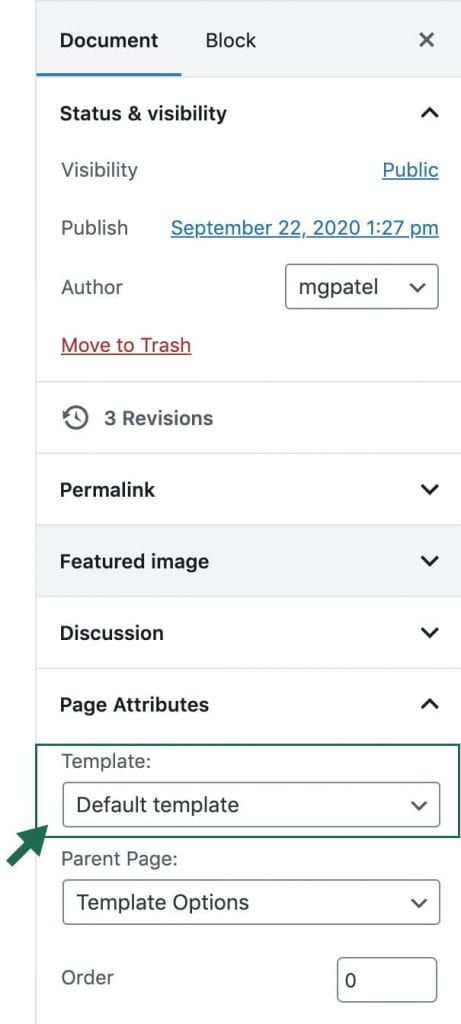 screenshot of where to find the template options for the page