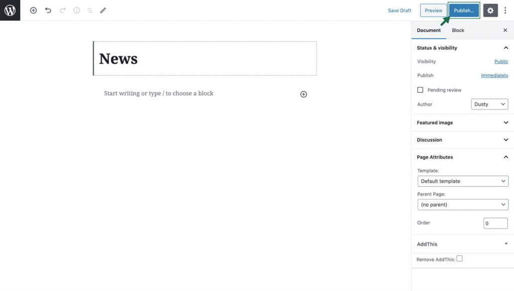 screenshot of a blank page with title and an outline around Publish button